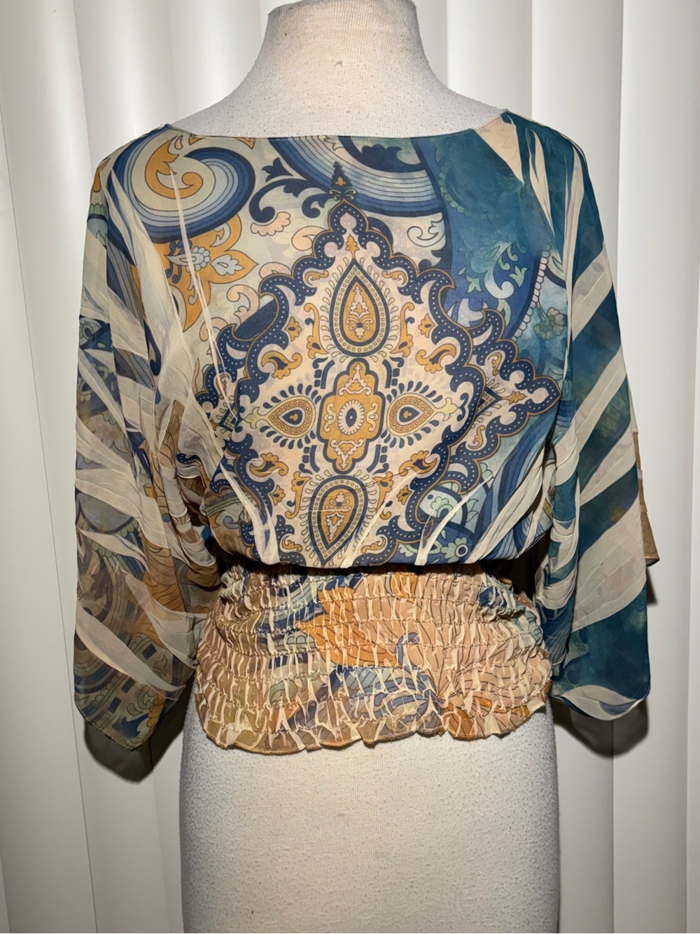 Simply Irresistible Blue and Cream Paisley Smocked-Waist Blouse